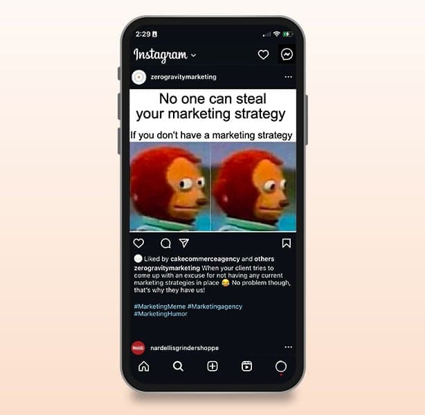 Zero Gravity Marketing meme post on Instagram