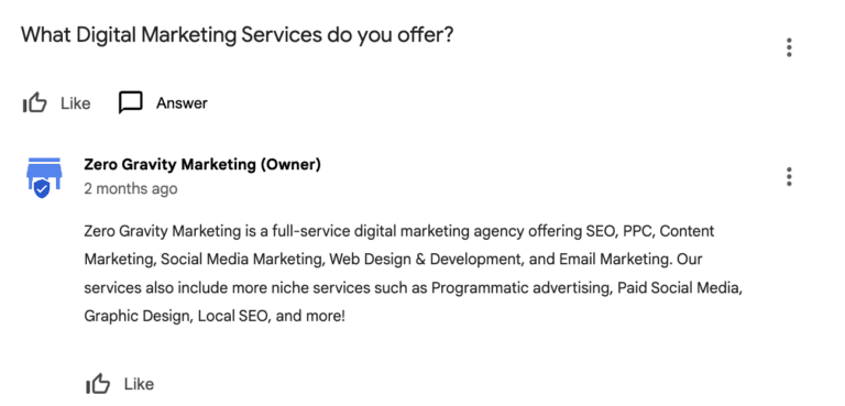 FAQ and answer on Google Business Profile