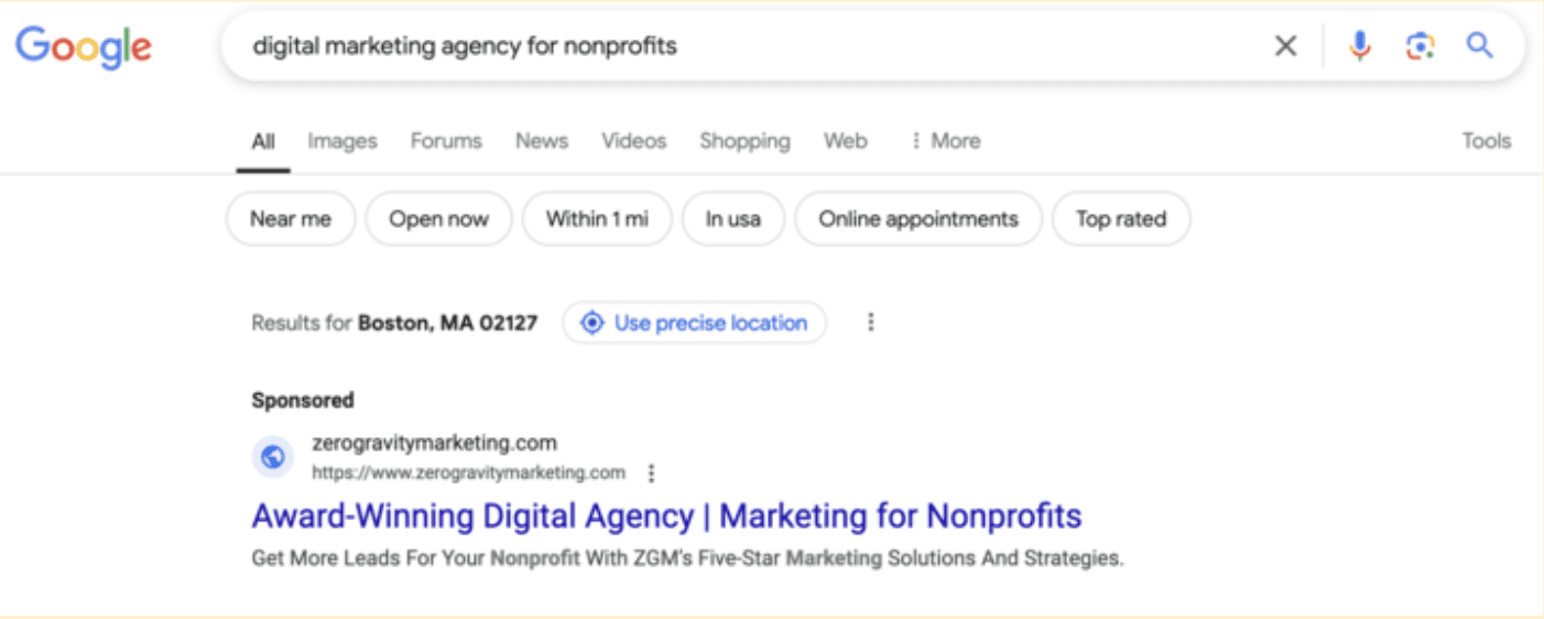 PPC ad for Zero Gravity Marketing